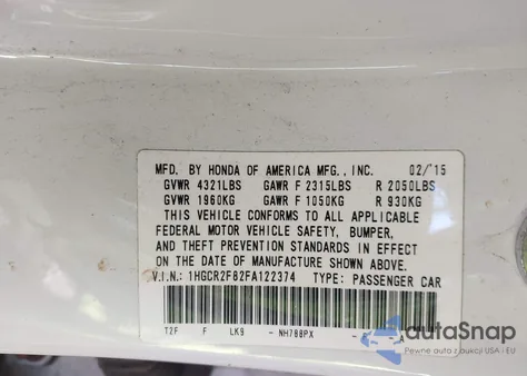 2015 Honda Accord Ex-L z USA, uszkodzony, nr VIN 1HGCR2F82FA122374